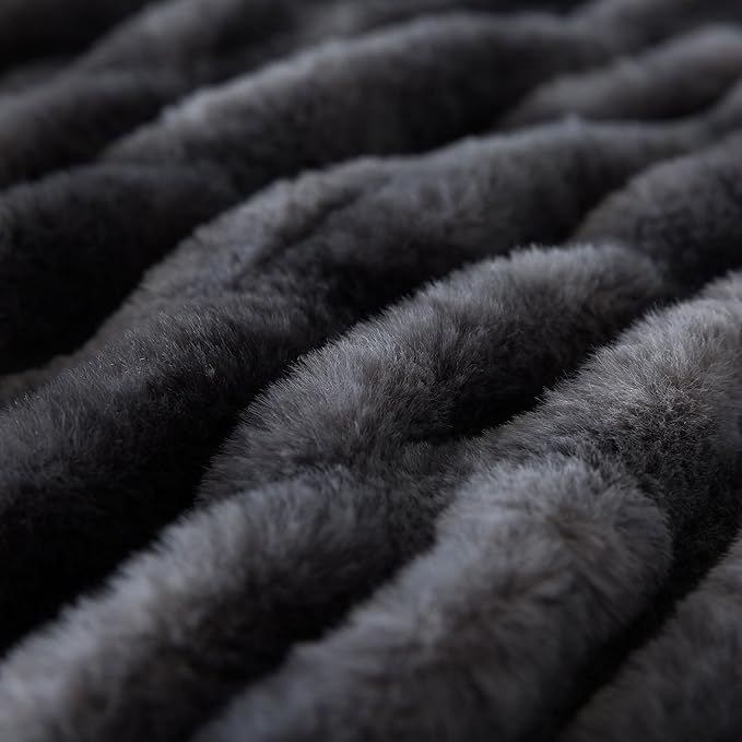 WDCOZY Ruched Faux Fur Throw Blanket Soft Cozy Fluffy Luxurious Blankets Couch Bed Sofa Chair Home Decor Warm Furry Fall Winter Plush Rabbit Fur Bubble Blanket 60" x 80", Charcoal Gray Dark Grey