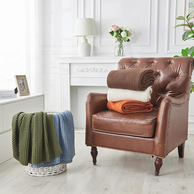 Douceur Brown Throw Blanket for Bed, Soft Chunky Cable Knit Throw Blanket, Classic Fisherman's Rib Stitch Pattern Throw for Living Room,60"X80"