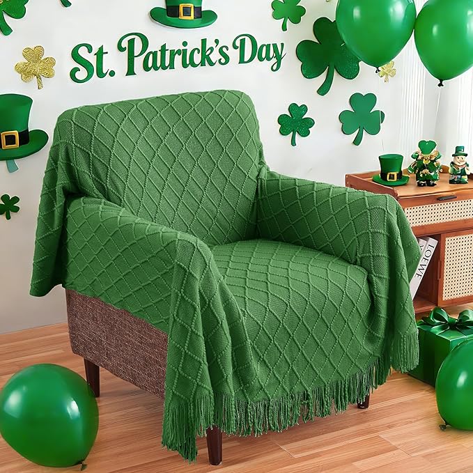 inhand Green Knitted Throw Blanket for Couch and Bed, St. Patrick’s Day Lucky Spring Gifts Throw for Her or Him, Soft Farmhouse Woven Blanket with Tassel, Lightweight Decorative, 50"x60"