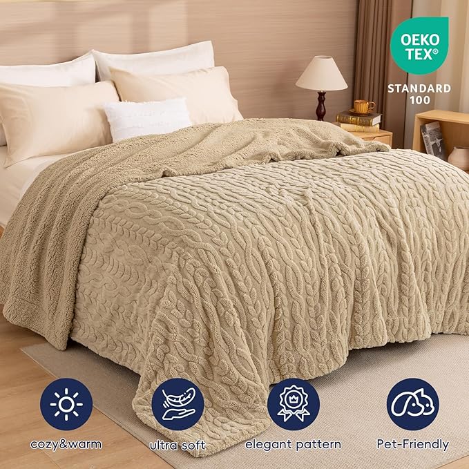 PHF Fluffy Sherpa Blanket Twin Size for Winter, Warm and Soft, 510GSM 3D Jacquard Thick Shaggy Fleece Plush Blanket for Sofa Bed, Khaki, 60"x80"