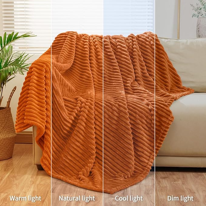 Bnuitland Orange Fleece Throw Blanket 90"x90",300GSM Large Big Soft Cozy Warm Lightweight Stripe Pattern for Bed Sofa Home Decor,Suitable for Adults Family All Season