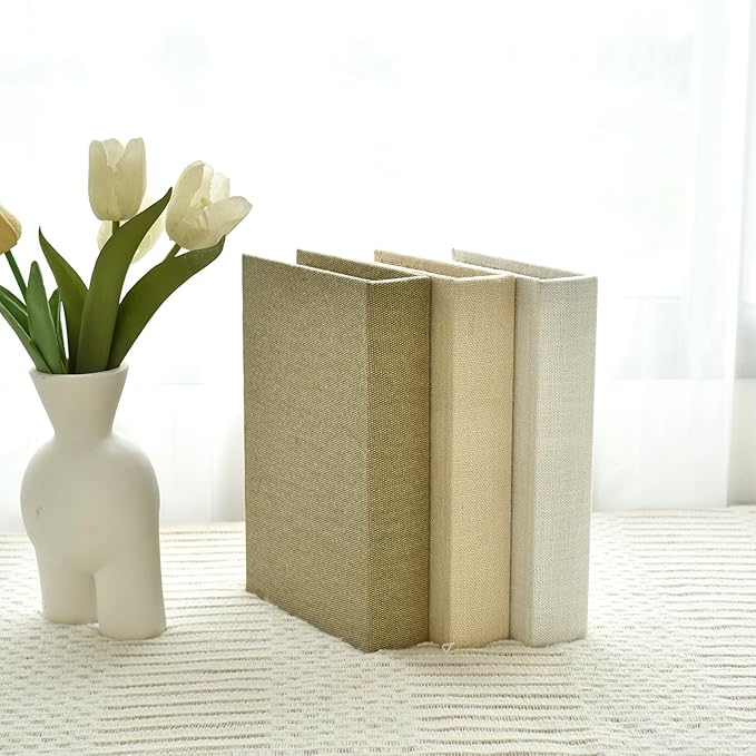 Modern Linen and Wood Decorative Faux Book Boxes Set of 3,10", Taupe,Beige,Off White