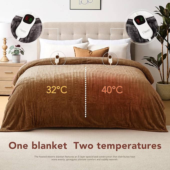 Homemate Electric Heated Blanket King Size - 100"x90" Heating Blanket King Size Dual Control 1/2/4/6/8 Hours Auto-Off 10 Heat Level Over-Heat Protection Soft Flannel Sherpa ETL Certification