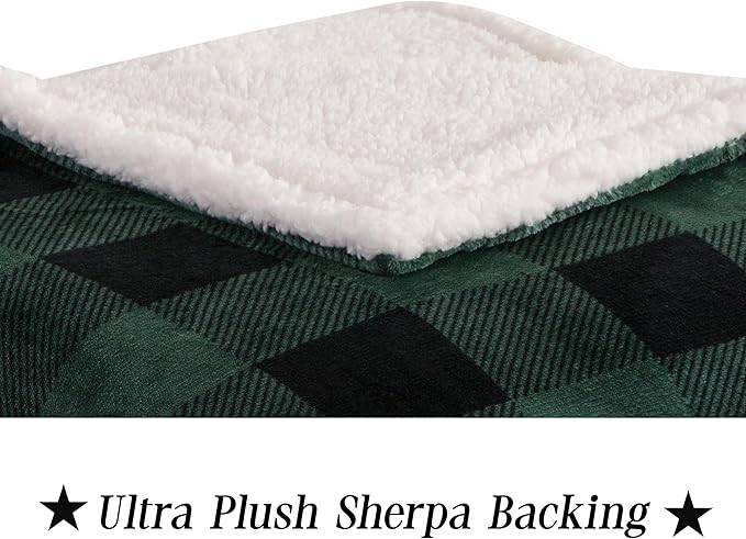 Elegant Comfort Luxury Ultra-Plush Velvet Touch Buffalo Plaid Fleece Throw - Soft, Warm, Cozy Micromink Sherpa-Backing Reversible Blanket for Bed, Sofa and Couch, Buffalo Green