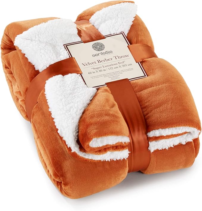 Genteele Sherpa Throw Blanket Super Soft Reversible Ultra Luxurious Plush Blanket, 60 x 80 inches, Burnt Orange/White