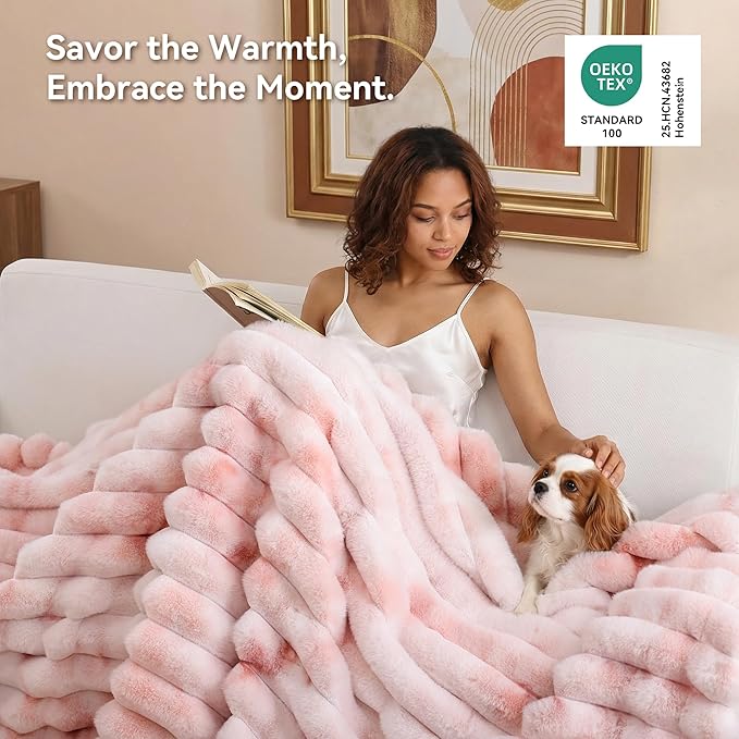 Smoofy Fluffy Faux Fur Throw Blanket - Super Soft Thick Plush Cozy Fuzzy Rabbit Fur, Luxury Warm Fleece Minky Stripe Blanket for Couch, Sofa, Room Decor Gift for Women, Tie Dye Pink Throw, 50x60