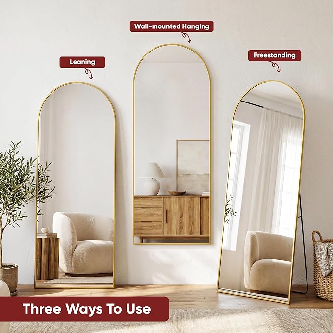 Antok Full Length Floor Mirror Arched Standing Mirror with Aluminum Frame - Freestanding Wall Mount Leaning Body Mirror for Bedroom Living Room Entryway, 71" L x 28" W, Gold