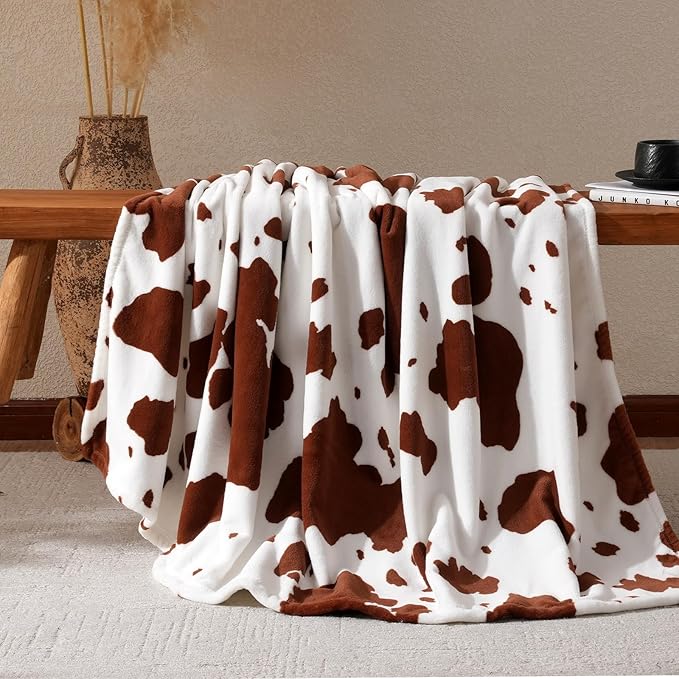 Cozy Bliss Cow Print Fuzzy Throw Blanket for Couch - Thick Soft Warm Non Shedding Fleece Blankets for Western Décor Room, for Kids, Women Men Girls, Brown 50"*60"