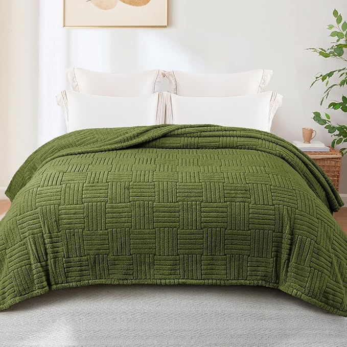 Whale Flotilla Lightweight Fleece Twin Size Blanket for Bed, Fuzzy Soft Blankets with Decorative Jacquard Pattern for All Season, Warm and Fluffy, 60x80 Inch, Olive