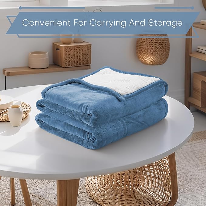 Electric Heated Blanket Throw Size 50"x60" - Flannel & Sherpa Fabric Dual-Sided, 6 Heat Settings & 1-3 Hours Auto Off, Soft & Cozy Warming Throw for Home, Office, or Bed, Machine Washable, Slate Blue