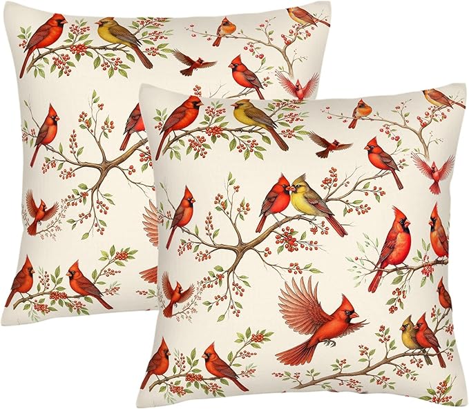 2 Pack Cute Red Cardinal Bird Throw Pillow Covers 18x18, Spring Easter Decorative Pillow Cases, Rustic Cushion Covers for Sofa Living Room Couch Bedroom, for Bird Lovers, Boho Home Decor