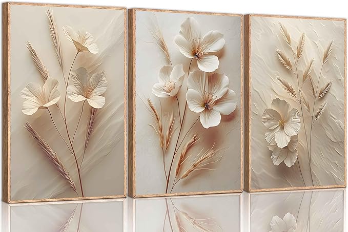 3Pcs Neutral Beige Floral Botanical Canvas Wall art Modern Simple Texture Flower Plant Painting Picture Wall Decor Vintage Blossom Poster Print Artwork for Living Room Bedroom Bathroom Unframed