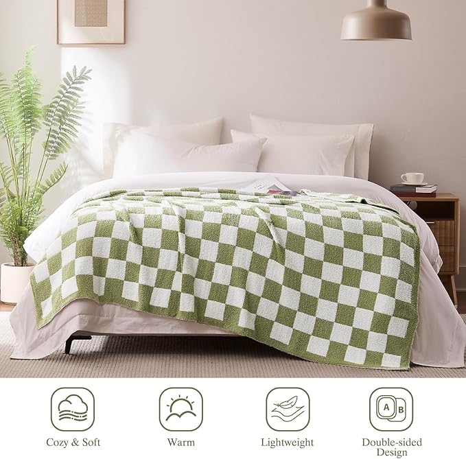 Checkered Throw Blanket, Sage Green Soft Cozy Fluffy Knitted Throw Blankets for Couch, Sofa, Bed, Chair, Warm Fuzzy Travel Picnic Lightweight Plaid Blanket, 50x70 inches