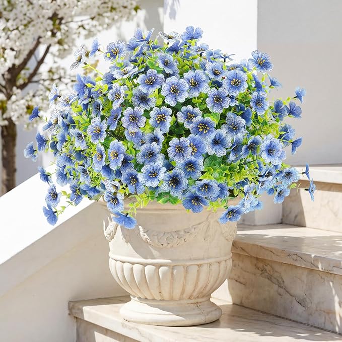 Artificial Flowers Outdoor Faux Plants UV Resistant Fake Patio Flowers Plastic Greenery Plnats Outside Bulk for Spring Garden Hanging Planter Home Vase Decor, 12 Bundles (Blue)