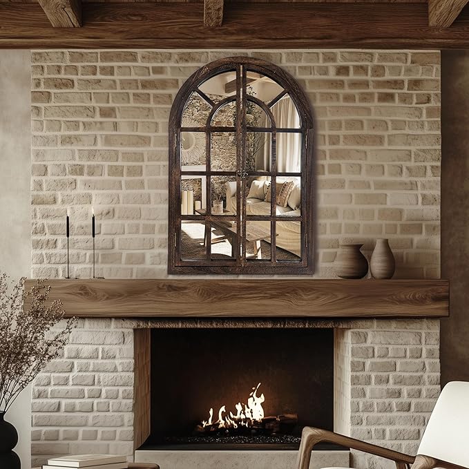 Arched Wall Mirror with Window Pane Design 38 x 26 Inch Rustic Farmhouse Wood Decorative Mirror for Living Room Bedroom Entryway