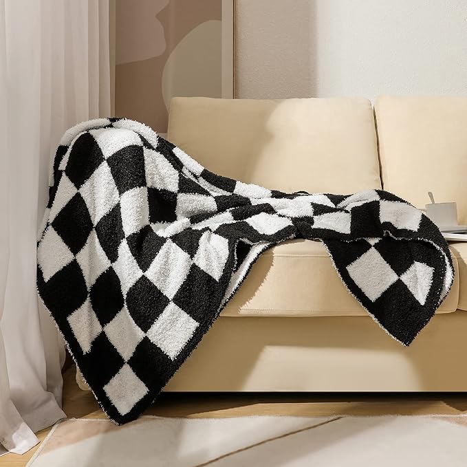 Checkered Throw Blanket Super Soft Luxurious Warm Blanket for Couch Reversible for Bed Sofa 50x60 Inches Black and White