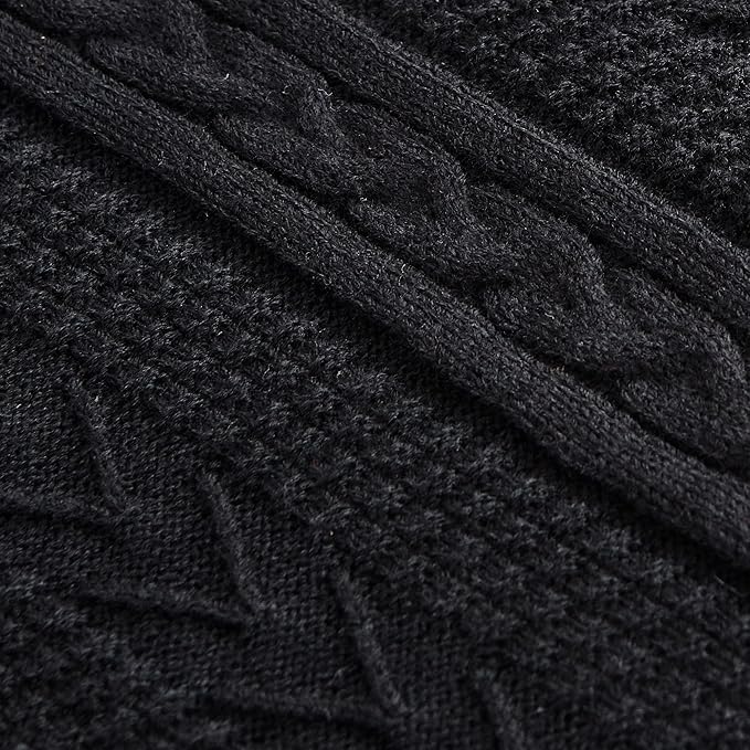 Longhui bedding Black 50 x 63 Inches Acrylic Cable Knit Sherpa Throw Blanket - Thick, Soft, Big, Cozy Knitted Fleece Blankets for Couch, Sofa, Bed - Large Coverlet All Season