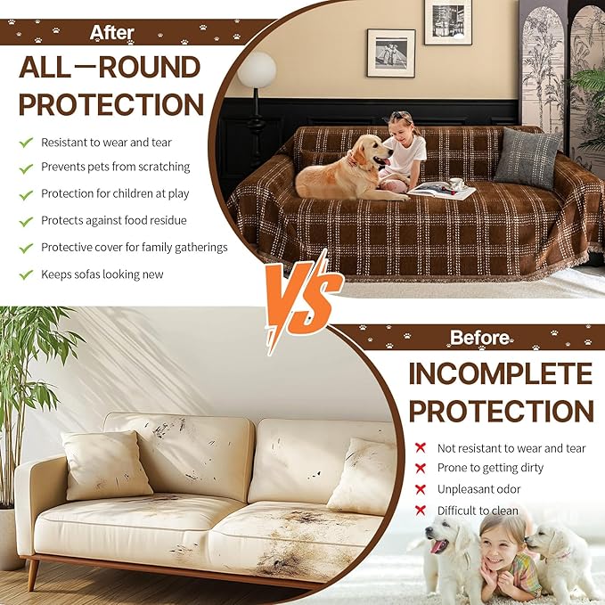 HANDONTIME Plaid Sofa Cover for 3 Cushion Couch, Washable Checkered Couch Slipcover White Geometric Dog Couch Cover Blanket Pet-Friendly Chenille Furniture Protector Sofa Covers(Dark Brown, 71"x118")