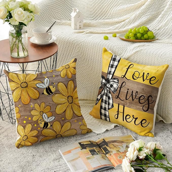 AVOIN colorlife Spring Home Sweet Home Bee Sunflower Throw Pillow Covers, 20 x 20 Inch Love Lives Here Summer Stripes Polka Dots Cushion Case for Sofa Couch Set of 4