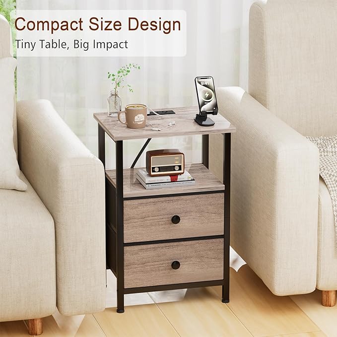 Night Stand with Charging Station, Small Bedside Table with 2 Fabric Drawers, Nightstand with USB Ports & Outlets for Bedroom, Living Room, Grey, HETS020GY-1