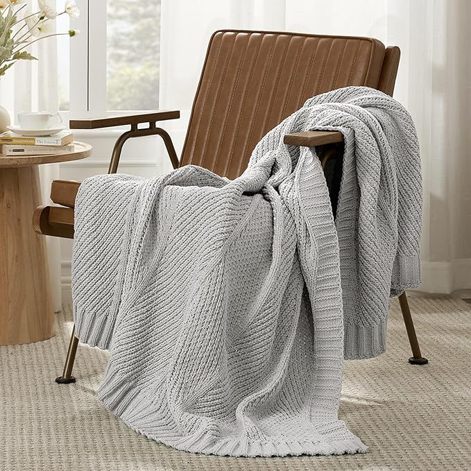 Amélie Home Chevron Chenille Knit Throw Blanket for Couch, Cozy Texture Decorative Soft Blanket for Sofa & Chair, 60"x80", Light Grey