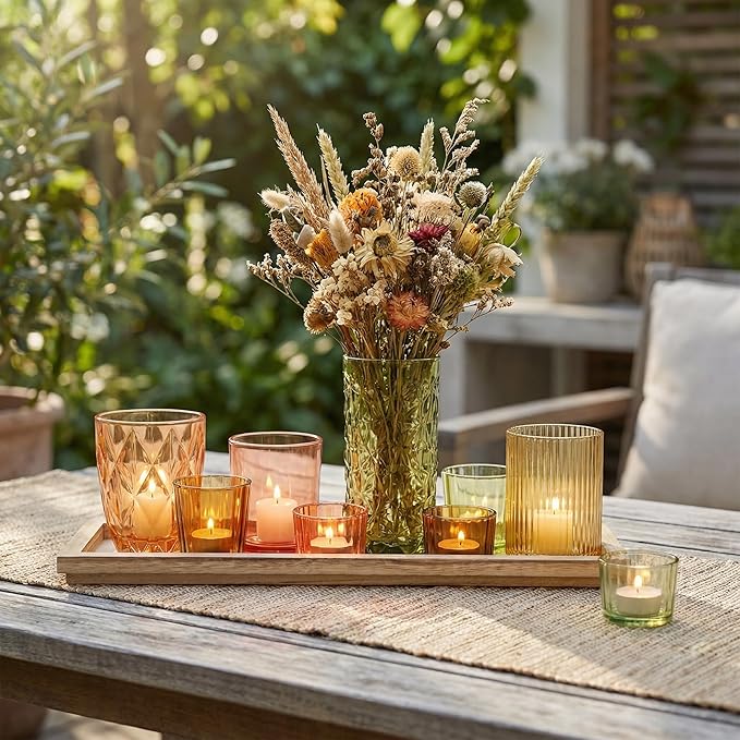 Votive Candle Holders Set with Wooden Tray - 8 Piece Rustic Colored Glass Candlestick & Solid Wood Centerpiece Decor for Mantel, Dining Table, Farmhouse Wedding Decor