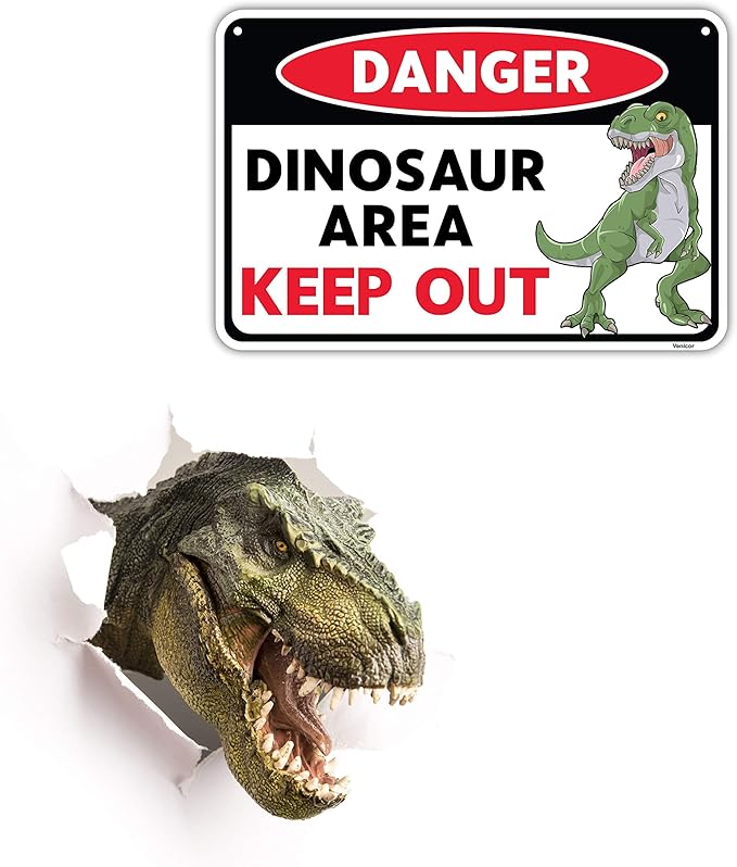 Venicor Dinosaur Sign - 8 x 12 Inches - Aluminum - Dinosaur Room Decor for Boys - Dinosaur Decor Boys Room - T Rex Dinosaur Bedroom Decor for Boys Kids Decorations Lover Gifts Wall Art Poster Stuff