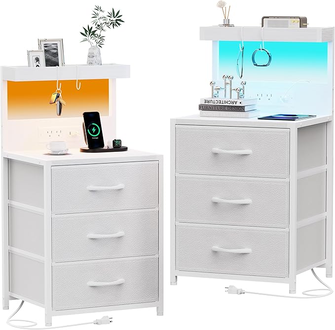 Night Stand with Charging Station Set of 2, LED Nightstand Bedside Table with USB Ports and Outlets, 3 Fabric Drawer End Side Table Dresser for Bedroom with Storage Shelf and 2 Hooks, White