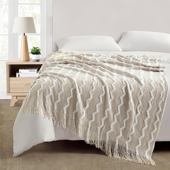 BOURINA Fluffy Chenille Knitted Fringe Throw Blanket Lightweight Soft Cozy for Bed Sofa Chair Throw Blankets, Beige 50" x 60"