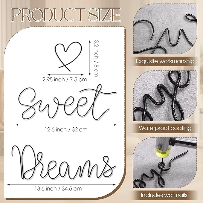 Yousoontic Sweet Dreams Wall Decor Above Bed Minimalist Metal Bedroom Wall Art Modern Sweet Dreams Decorative Metal Sign for Home Bedroom Hotel Dormitory Door Decorations, 29.15'' Total Length(Black)