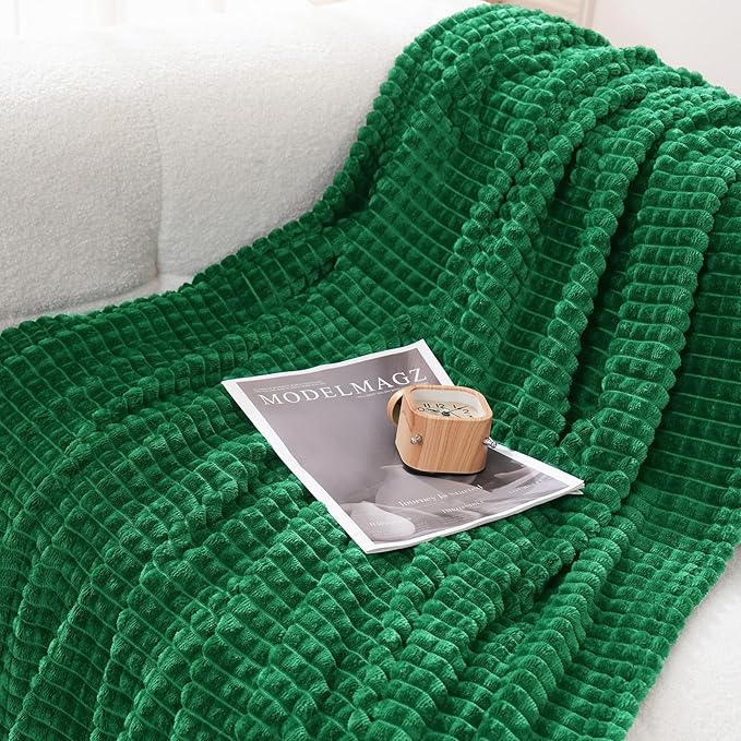 Puncuntex Flannel Fleece Throw Blanket Classic Green 50"×60",Super Soft Plush Cozy Blanket with Square Grid Design Luxury for Couch Sofa Chair