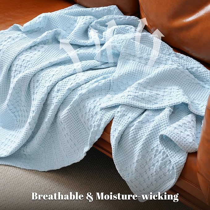 PHF 100% Cotton Waffle Weave Blanket Twin Size for Bed, Soft Lightweight & Breathable for Spring and Summer, All-Season Comfort, Luxury Aesthetic Blanket for Home Decor, 66"x90", Baby Blue