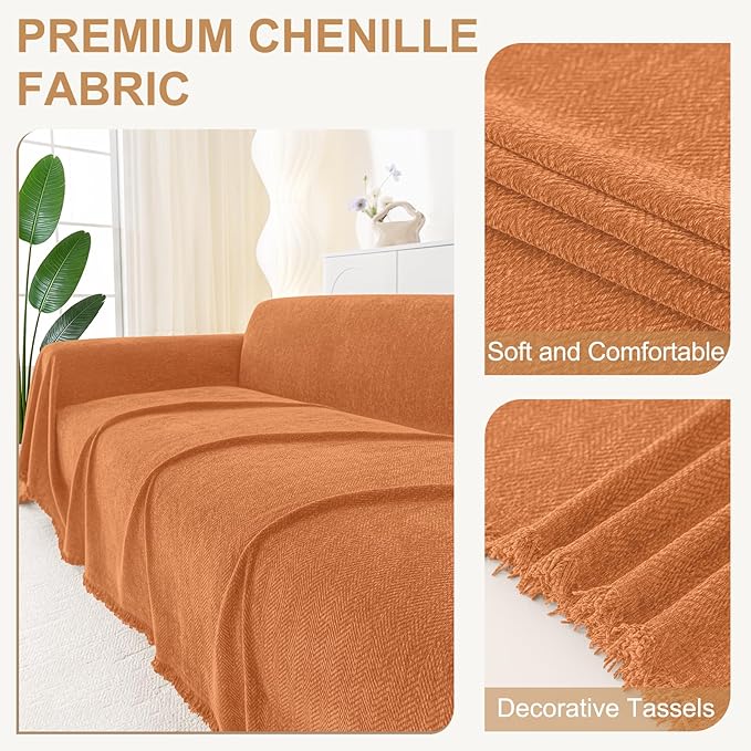 Smiry Couch Cover for Dogs, Washable Chenille Sofa Covers for 3 Cushion Couch, Soft Sofa Slipcover for Pets, Thick Sectional Furniture Protector with Tassels (Orange, 88.5x118 Inch)