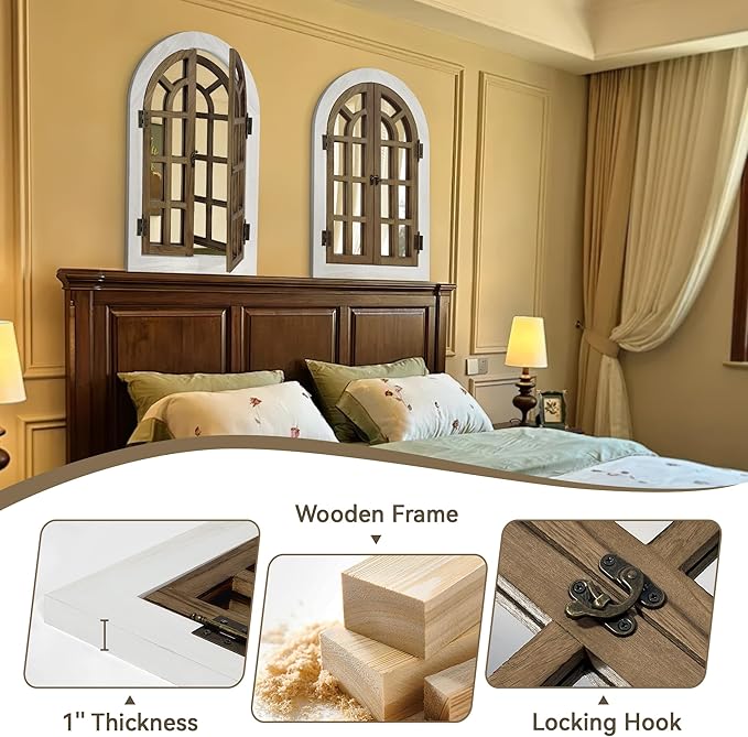 Window Mirrors for Wall Decor -White Arched Wall Mirror Farmhouse Wall Decor Wood Frame Decorative Wall Mirrors Like Window for Bedroom, Living Room, Entrance, Dining Room