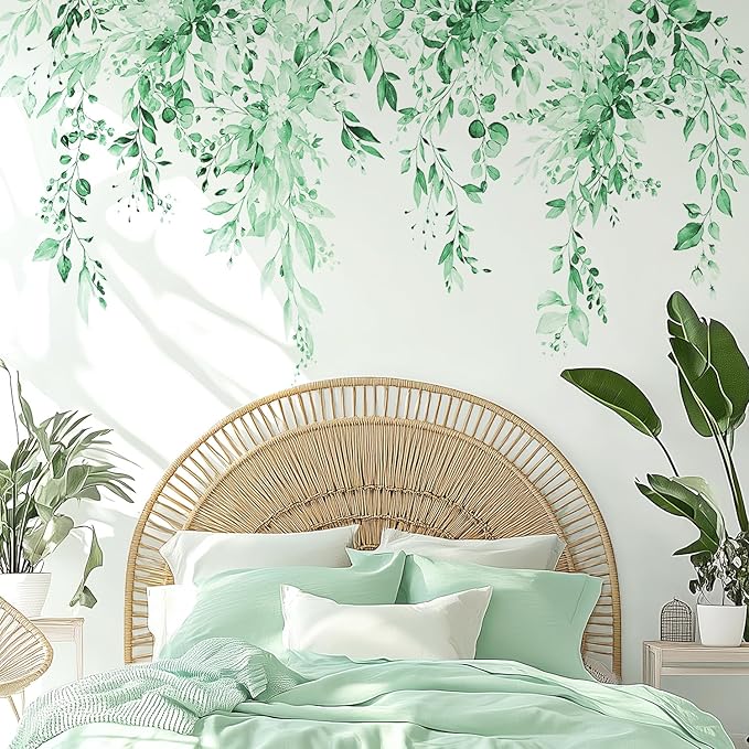 Mint Green Plants Leaves Wall Decals Peel and Stick, Large Floral Flowers Vinyl Wall Stickers, Removable Vine Home Decor Art for Bedroom Living Room Classroom Office