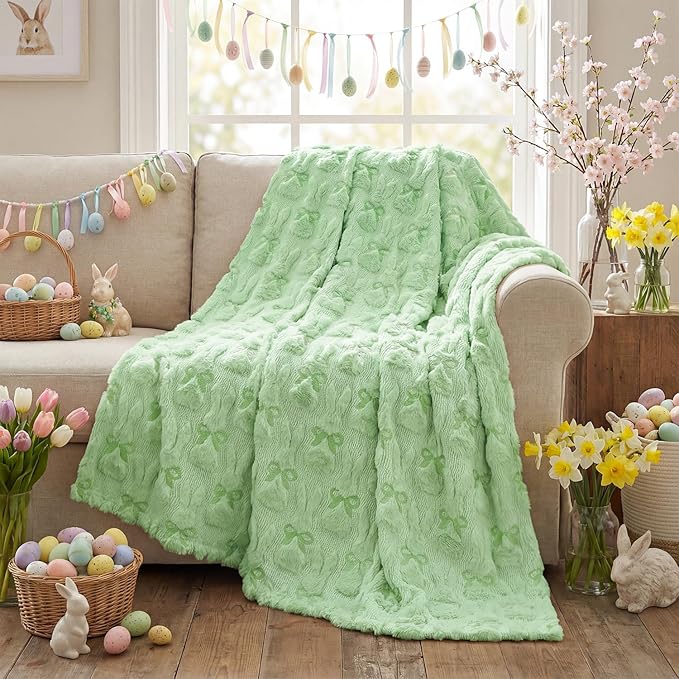 Horaldaily Easter Solid Blanket Throw, Green Rabbits Bow Soft Fuzzy Plush Faux Fur Cozy Blankets for Couch Sofa Bed Lounging, Ideal Gifts for Kids Adults Wife Self, 50x60
