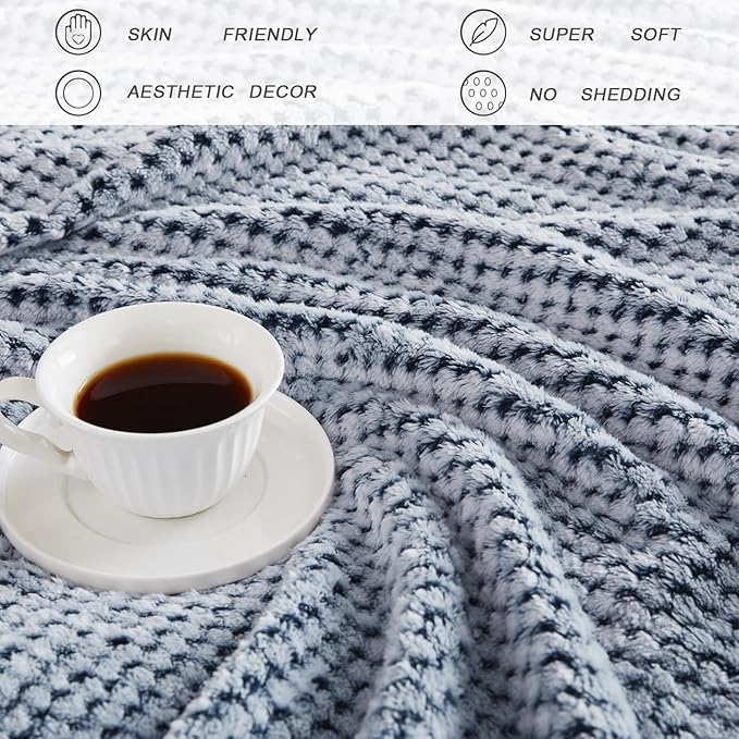 Exclusivo Mezcla Fleece Throw Blanket Extra Large, Super Soft and Warm Blankets for Couch, Sofa and Bed Waffle Textured, Cozy, Fuzzy and Lightweight (Heather Navy Blue, 50x70 Inches)
