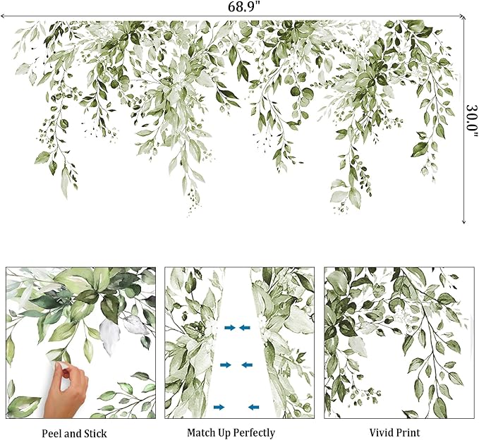 Olive Green Plants Leaves Wall Decals Peel and Stick, Large Floral Flowers Vinyl Wall Stickers, Removable Vine Home Decor Art for Bedroom Living Room Classroom Office