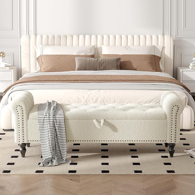 Furniliving 63” End of Bed Bench, Bedroom Bench with Button-Tufted, Large Upholstered Storage Ottoman Benches Entryway Bench with Storage Shoe Cabinet Bench, for Bedroom, Living Room, Faux Fur, White