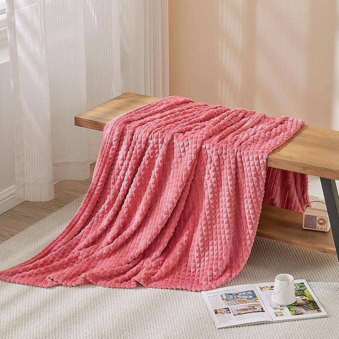 EMME Fleece Throw Blanket Luxury Flannel for Couch Bed Sofa Chair, Soft, Plush, Warm and Cozy Blanket with Geometric Grid Design (Coral Red, 50'' x 60'')