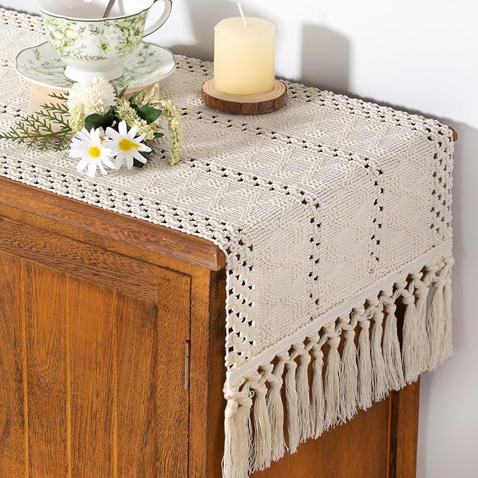 Socomi Boho Table Runner Easter Spring Farmhouse Rustic Dining Kitchen Centerpiece Decor Small Macrame Woven Cotton Linen Coffee Table Runner for Dresser Scarf Home Decor 12x60 inch Beige