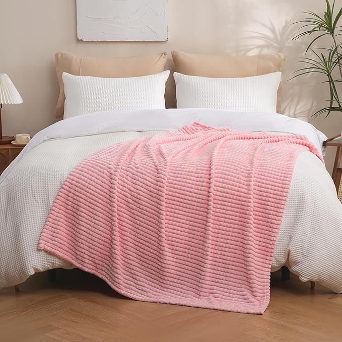 Puncuntex Flannel Fleece Throw Blanket Light Pink 90"×90",Super Soft Plush Cozy Blanket with Square Grid Design Luxury for Couch Sofa Chair