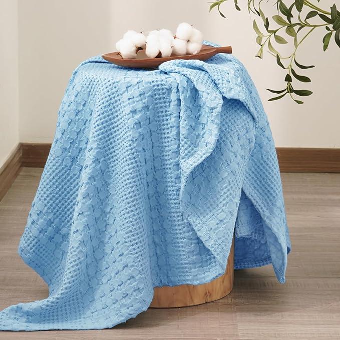 PHF 100% Cotton Waffle Weave Throw Blanket, Soft Lightweight Breathable Cozy Throws for Couch Bed Sofa, Luxury Aesthetic Blanket Gift for Home Decor & Office, 50"x60", Airy Blue