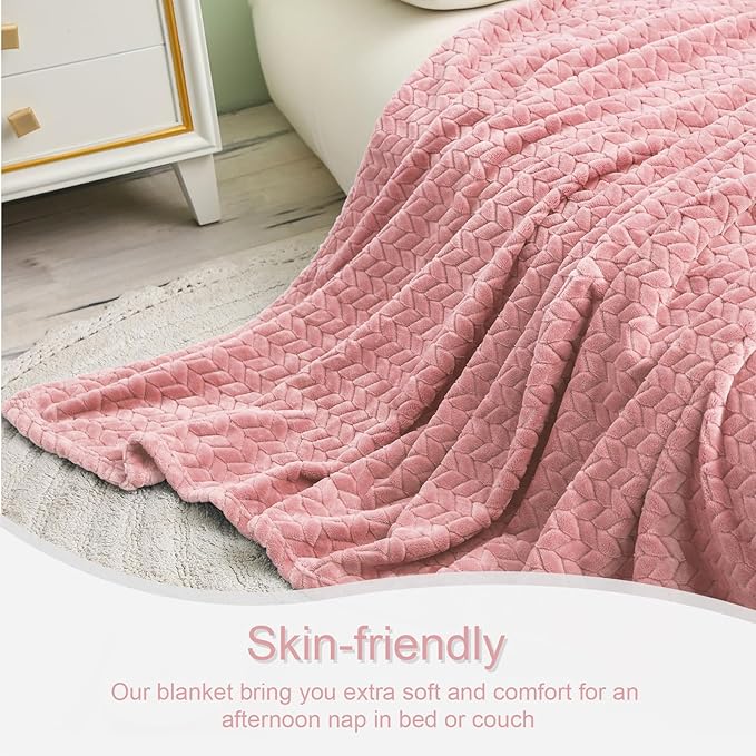 Exclusivo Mezcla Fleece Queen Size Blanket for Bed, 90x90 Inches Soft Cozy Jacquard Flannel Blankets, Lightweight Fuzzy Plush Warm for Women, Pink