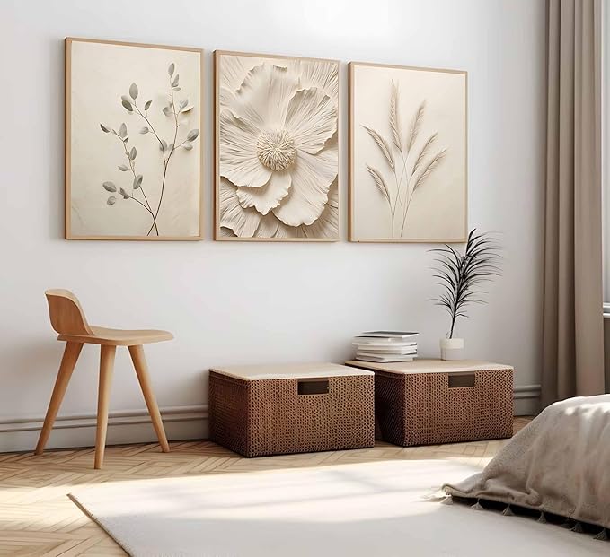 3Pcs Neutral Beige Floral Plant Canvas Wall art Textured Flower Botanical Painting Picture Wall Decor Vintage Blossom Poster Prints for Living Room Bedroom Bathroom Decor Unframed