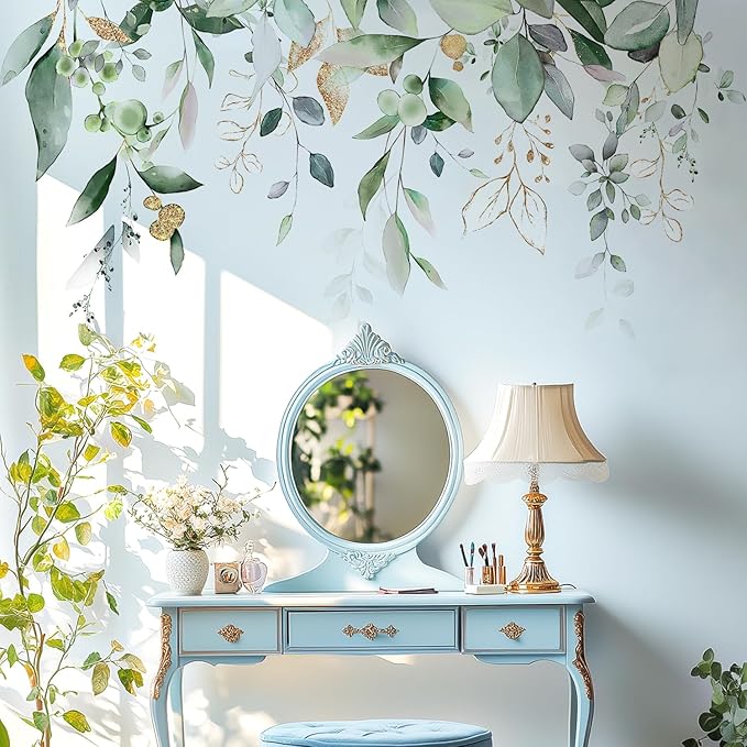 Green Plants Leaves Wall Decals Peel and Stick, Large Hanging Herbal Vinyl Wall Stickers, Removable Vine Home Decor Art for Bedroom Living Room Classroom Office