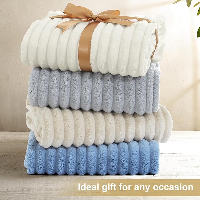 decorUhome Soft Fleece Cream White Blanket Queen Size for Bed, Cozy Fluffy Plush Flannel Large Striped Throws for Couch Sofa, Lightweight Decorative Fuzzy Blanket for Woman, 90x90 Inches