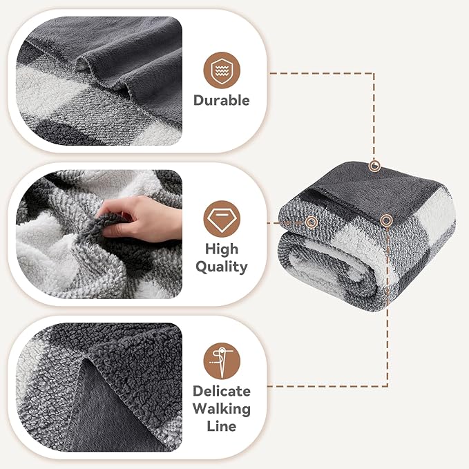 LURKA Checkered Sherpa Fleece Throw Blanket – Soft and Cozy, Medium Weight for All Season, Plush Throw for Couch, Bed, Dorm & Pets, Smoke Grey, 60x80 Inches