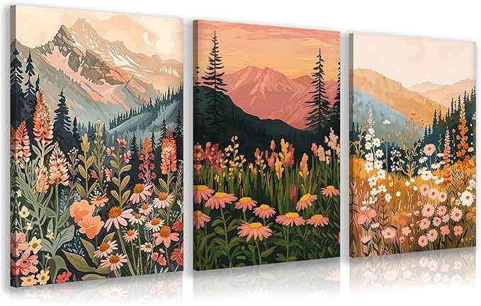 KBKBART Boho Mountain Framed Canvas Wall Art Set of 3, Colorful Landscape Wildflower Daisy Wall Decor, Bohemian Floral Forest Scenery Art Prints for Bedroom Living Room Office 12x16 Inch
