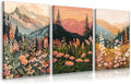 KBKBART Boho Mountain Framed Canvas Wall Art Set of 3, Colorful Landscape Wildflower Daisy Wall Decor, Bohemian Floral Forest Scenery Art Prints for Bedroom Living Room Office 12x16 Inch